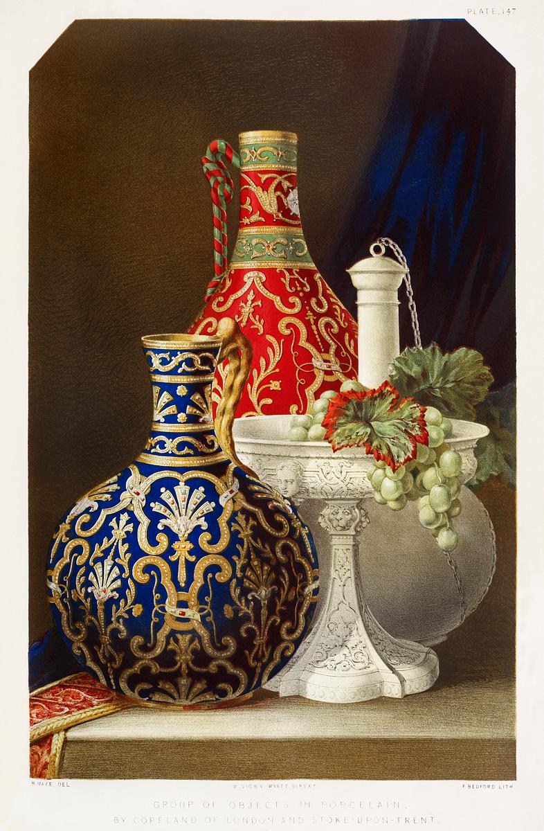 Group of objects in porcelain from the… | Free public domain illustration Group of objects in porcelain from the Industrial arts of the Nineteenth Century (1851-1853) by Sir Matthew Digby wyatt (1820…