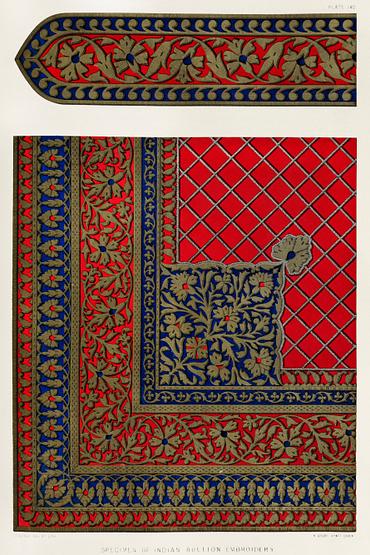 Specimen of Indian bullion embroidery from the Industrial arts of the Nineteenth Century (1851-1853) by Sir Matthew Digby wyatt (1820-1877). Specimen of Indian bullion embroidery from the Industrial arts of the Nineteenth Century (1851-1853) by Sir Matthew Digby…