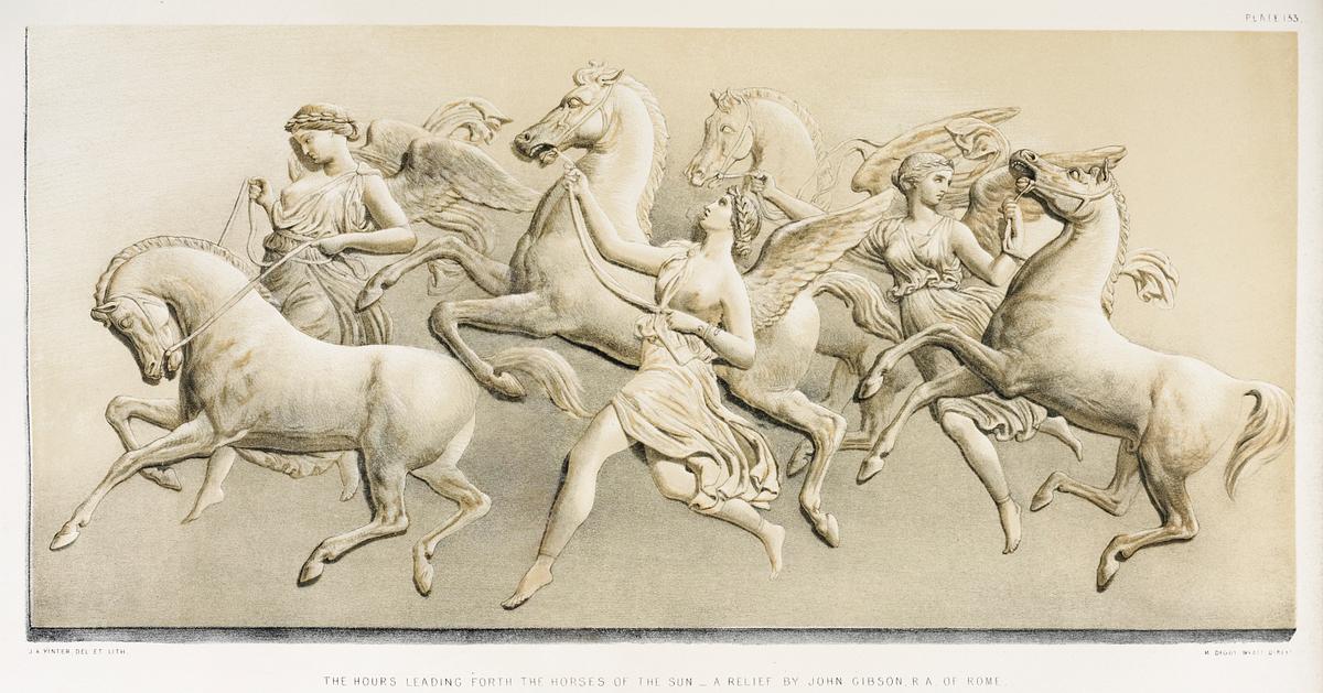 Hours leading forth the horses of the sun… | Free public domain illustration Hours leading forth the horses of the sun from the Industrial arts of the Nineteenth Century (1851-1853) by Sir Matthew Digby…