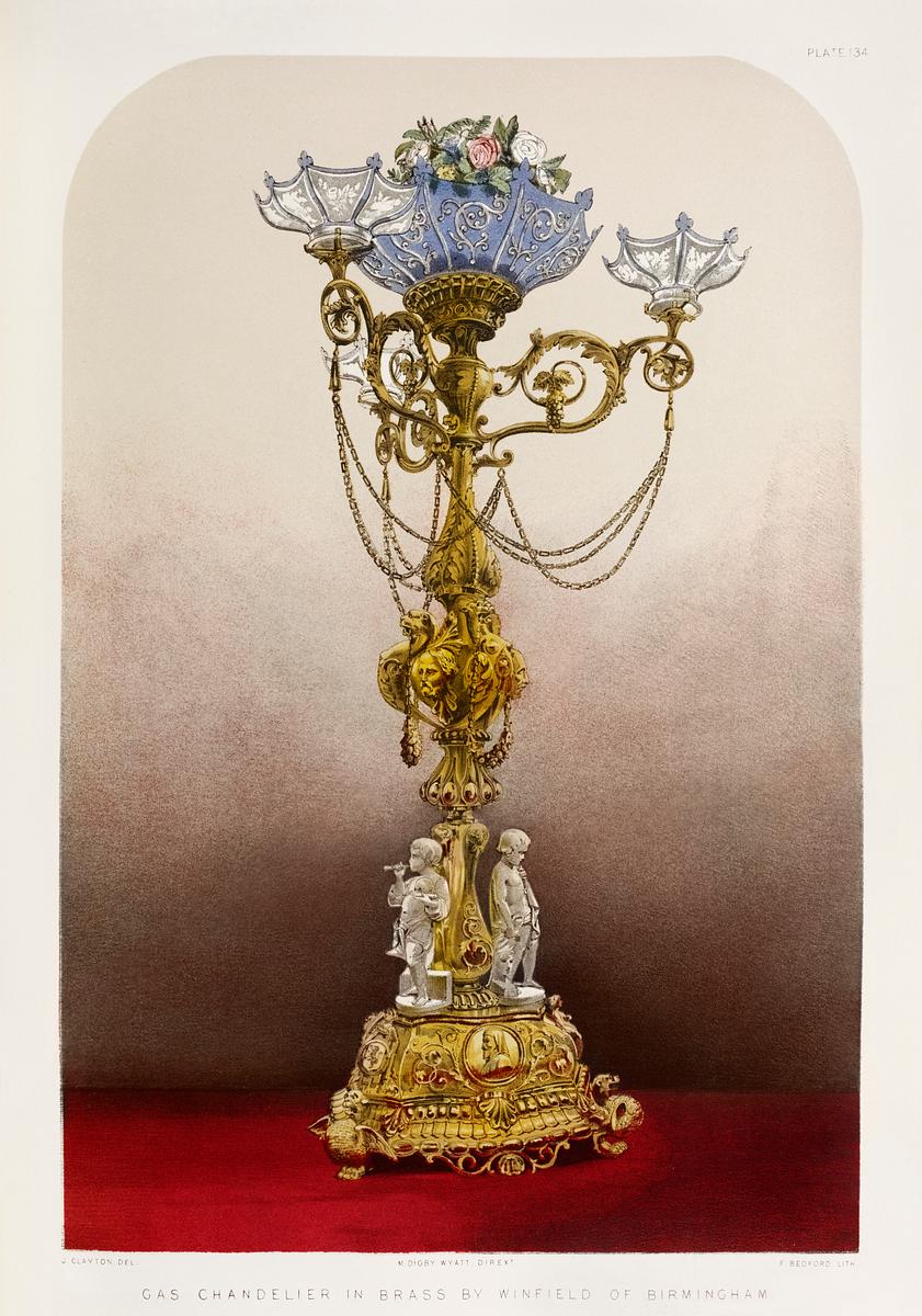Gas chandelier in brass from the Industrial… | Free public domain illustration Gas chandelier in brass from the Industrial arts of the Nineteenth Century (1851-1853) by Sir Matthew Digby wyatt (1820…