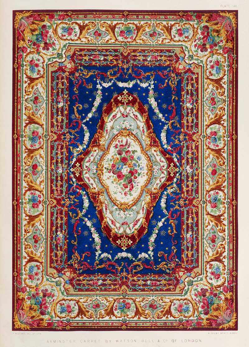 Axminster carpet from the Industrial arts of… | Free public domain illustration Axminster carpet from the Industrial arts of the Nineteenth Century (1851-1853) by Sir Matthew Digby wyatt (1820-1877).