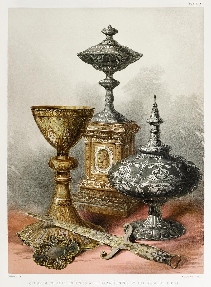 Group of objects enriched with damascening from the Industrial arts of the Nineteenth Century (1851-1853) by Sir Matthew Digby wyatt (1820-1877). Group of objects enriched with damascening from the Industrial arts of the Nineteenth Century (1851-1853) by Sir Matthew…