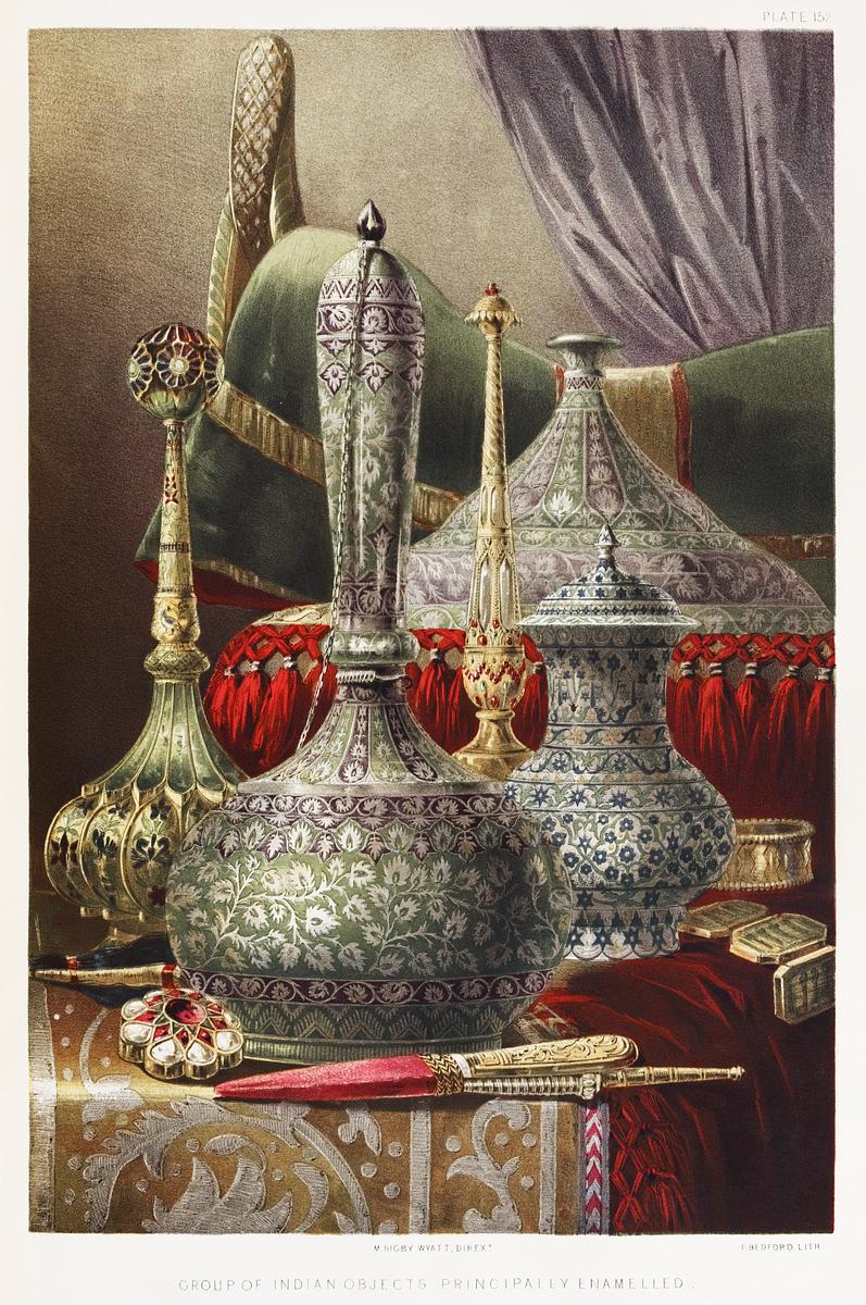 Group of Indian objects principally enamelled… | Free public domain illustration Group of Indian objects principally enamelled from the Industrial arts of the Nineteenth Century (1851-1853) by Sir Matthew…