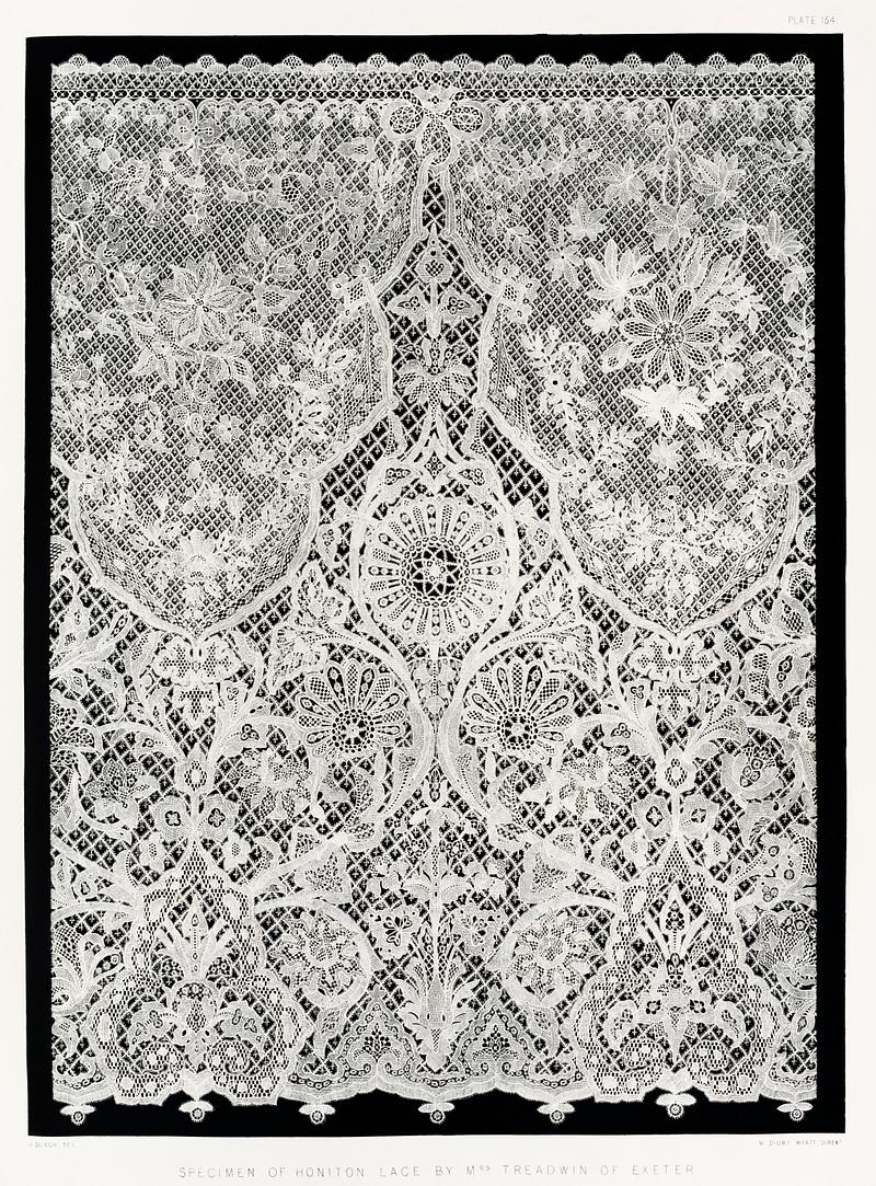 Specimen of Honiton lace from the Industrial arts of the Nineteenth Century (1851-1853) by Sir Matthew Digby wyatt (1820-1877). Specimen of Honiton lace from the Industrial arts of the Nineteenth Century (1851-1853) by Sir Matthew Digby wyatt (1820…