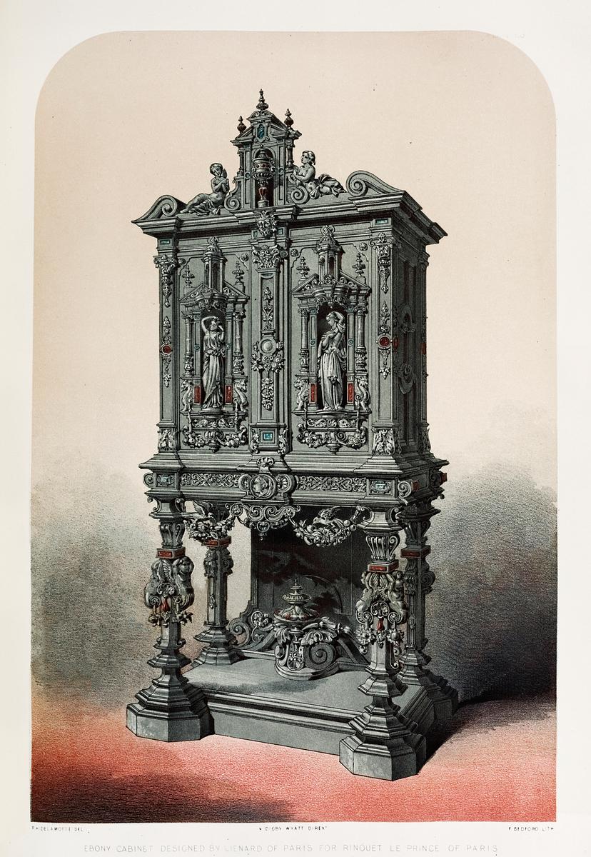 Ebony cabinet from the Industrial arts of the… | Free public domain illustration Ebony cabinet from the Industrial arts of the Nineteenth Century (1851-1853) by Sir Matthew Digby wyatt (1820-1877).