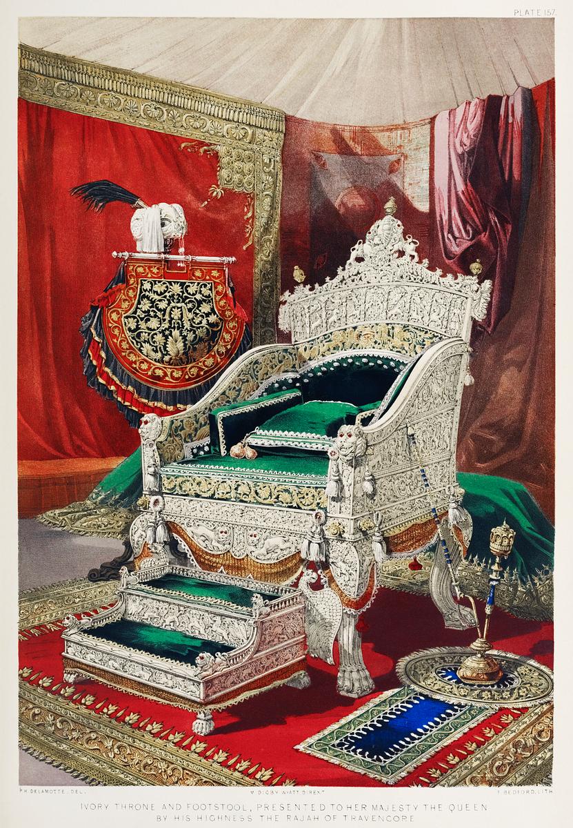 Ivory throne and footstool from the… | Free public domain illustration Ivory throne and footstool from the Industrial arts of the Nineteenth Century (1851-1853) by Sir Matthew Digby wyatt (1820…