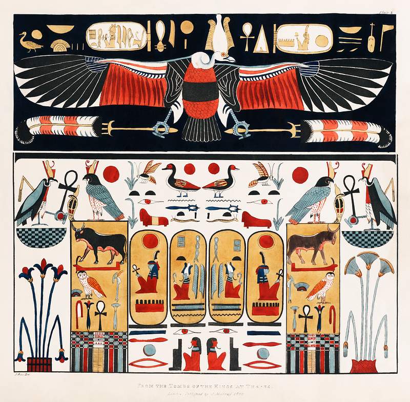 Ancient Eygpt art Upper part represents the Eagle illustration from the kings tombs in Thebes by Giovanni Battista Belzoni (1778-1823) from…
