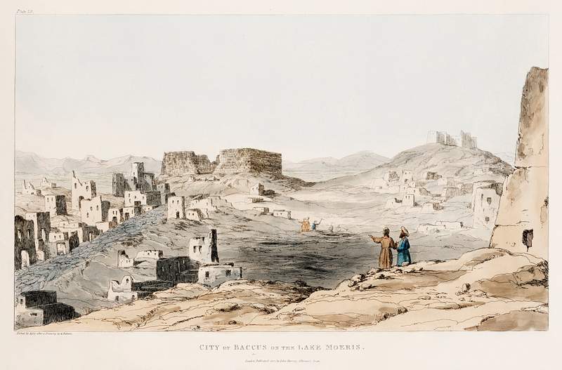 The Town of Bacchus on the North side of the Lake Moeris illustration from the kings tombs in Thebes by Giovanni Battista…