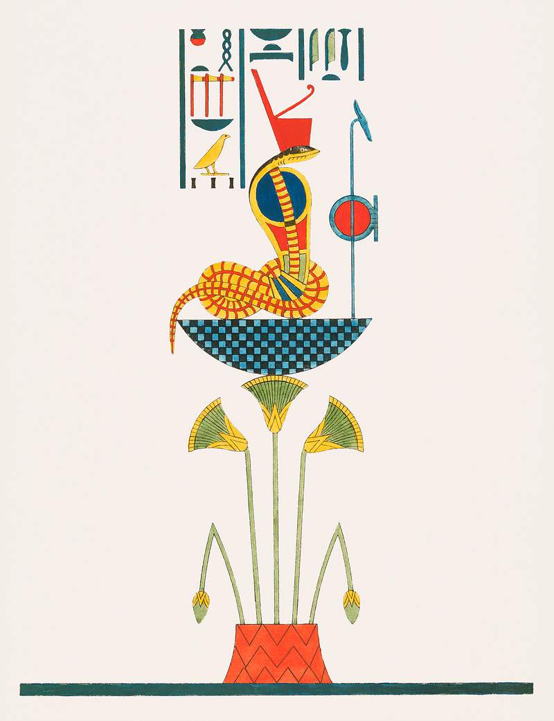 Uraeus, emblem of Satis illustration from Pantheon Egyptien (1823-1825) by Leon Jean Joseph Dubois (1780-1846). Original from…