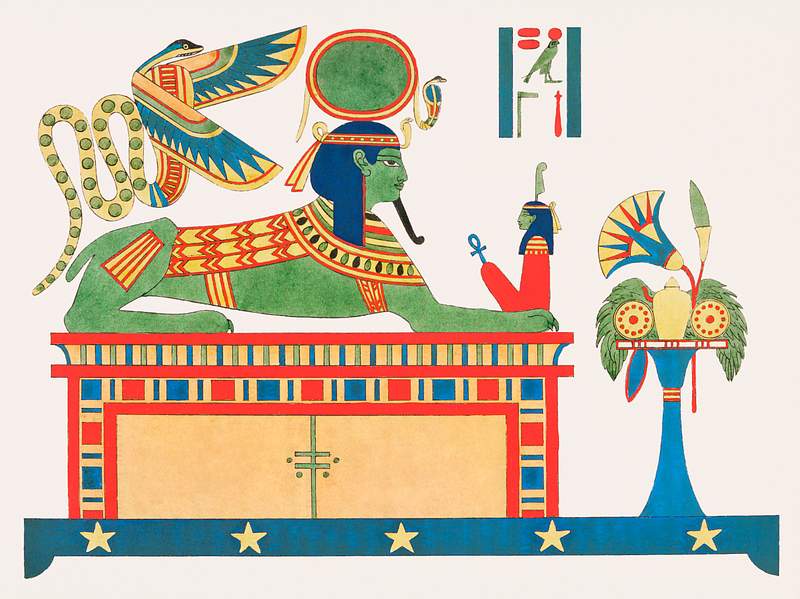 Sphinx of Ra or the Sun illustration from Pantheon Egyptien (1823-1825) by Leon Jean Joseph Dubois (1780-1846). Original from…