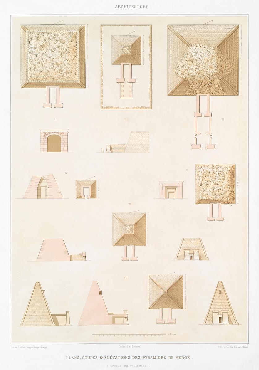 The Pyramids of Meroe (Plans, sections and… | Free public domain illustration The Pyramids of Meroe (Plans, sections and elevations) from Histoire de l'art égyptien (1878) by Émile Prisse…