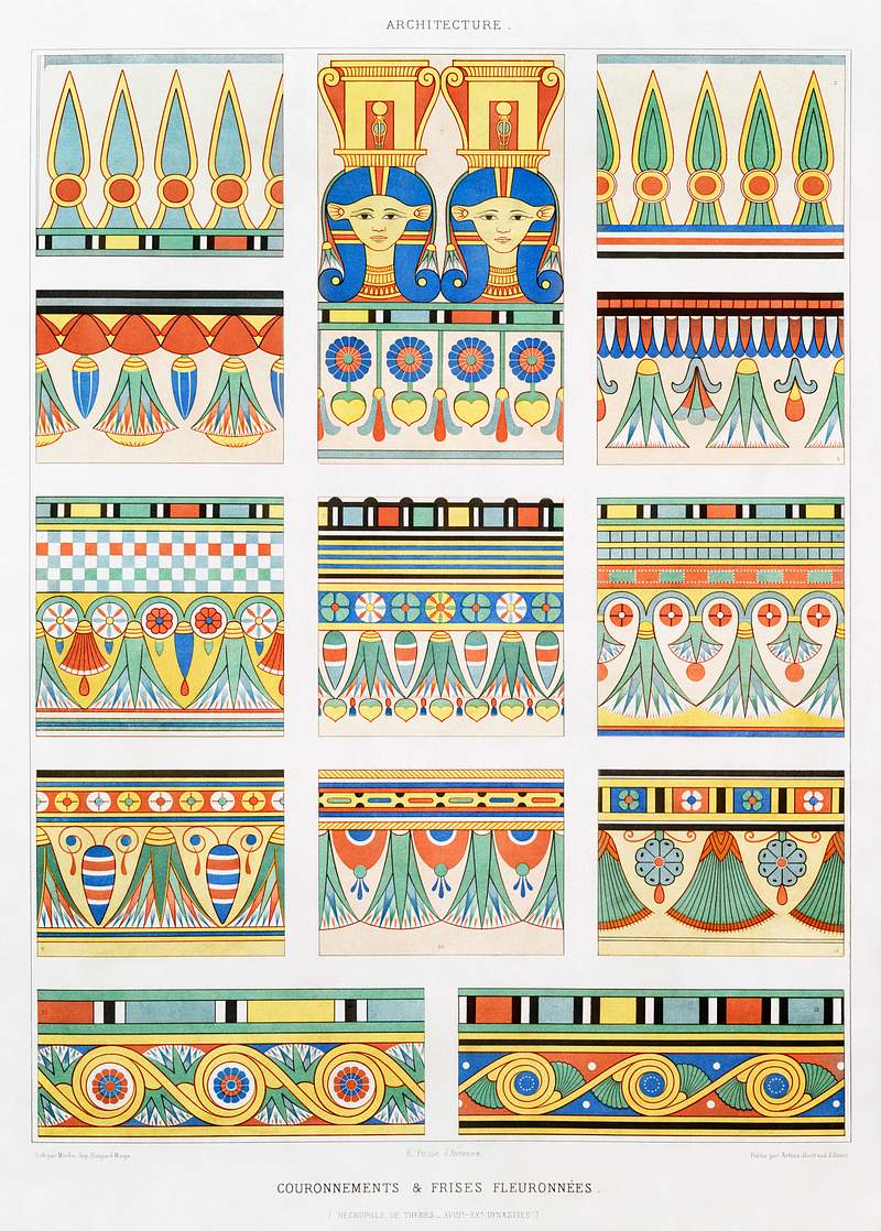 Coronations & friezes of flowers (Theban Necropolis) from Histoire de l'art égyptien (1878) by Émile Prisse…