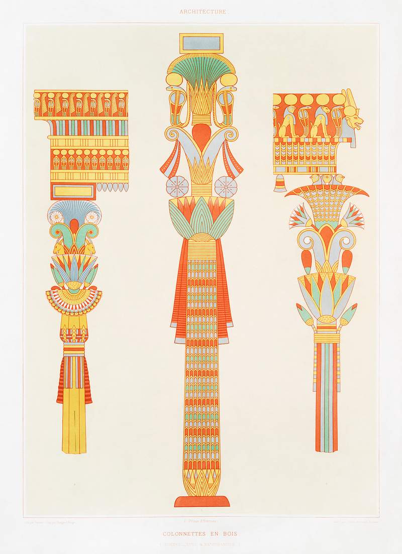 Wooden columns from Histoire de l'art égyptien (1878) by Émile Prisse d'Avennes. Original from The New York…