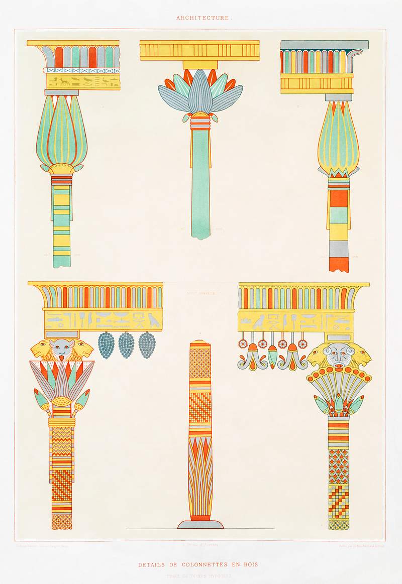Details of wooden balusters from Histoire de l'art égyptien (1878) by Émile Prisse d'Avennes. Original from The…