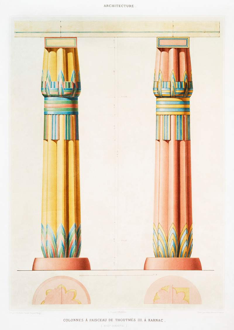 Beam columns of Thutmes III, in Karnac from Histoire de l'art égyptien (1878) by Émile Prisse d'Avennes.…