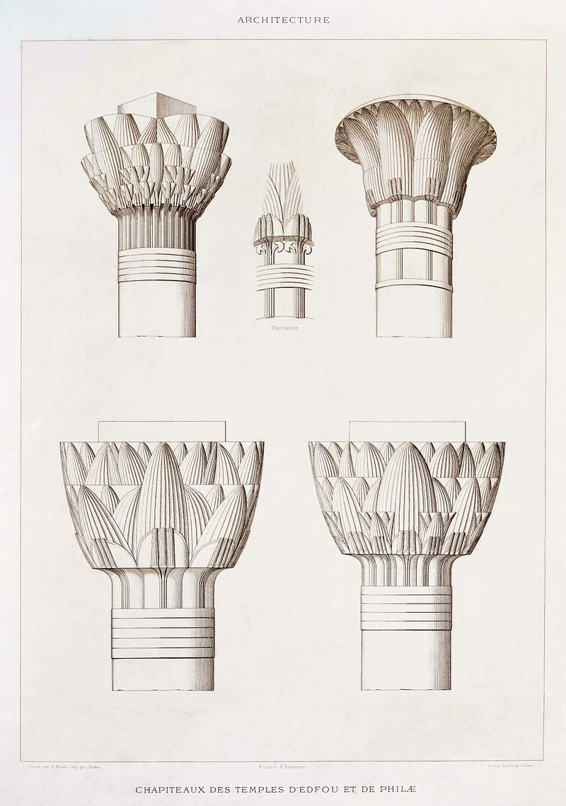 Capitals of the Temples of Edfu and Philae from Histoire de l'art égyptien (1878) by Émile Prisse d'Avennes.…