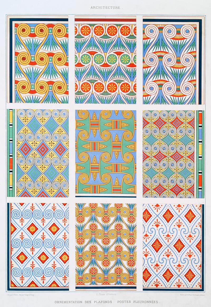 Ceiling Ornamentation : Flowered posts (Theban Necropolis) from Histoire de l'art égyptien (1878) by Émile…