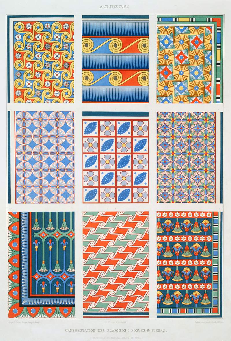 Ceiling Ornamentation : Posts and flowers (Theban Necropolis) from Histoire de l'art égyptien (1878) by Émile…