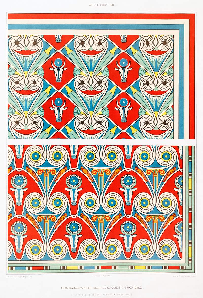 Ceiling Ornamentation : Bucrania (Theban Necropolis) from Histoire de l'art égyptien (1878) by Émile Prisse…