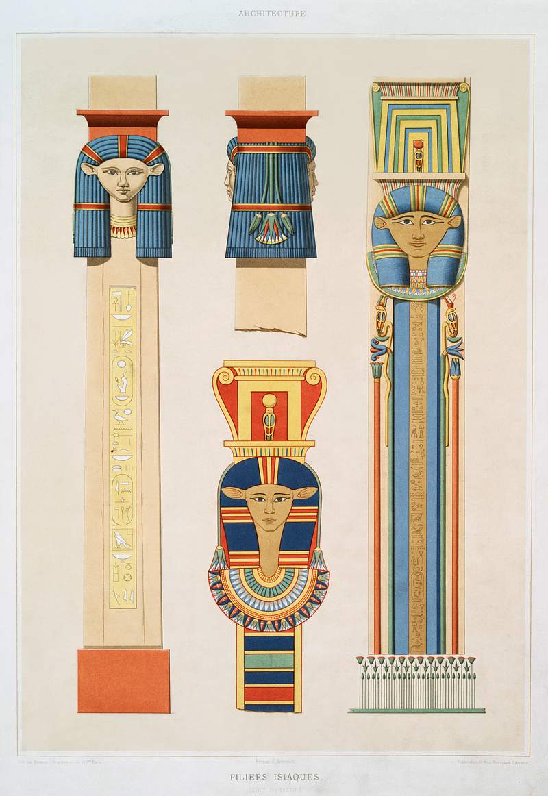 Isis pillars from Histoire de l'art égyptien (1878) by Émile Prisse d'Avennes. Original from The New York…