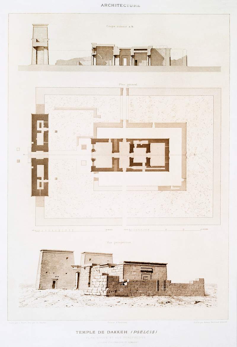 Temple of Dakka (Pelcis) : Plan, section and perspective view from Histoire de l'art égyptien (1878) by Émile…