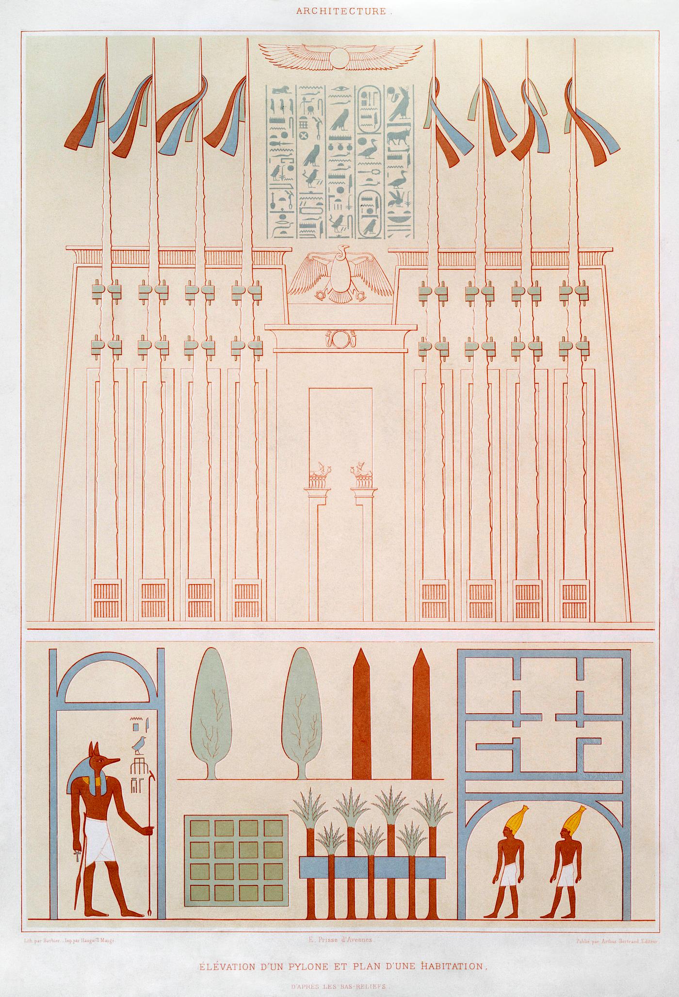 Elevation of a pylon and plan of home, according to the bas-reliefs from Histoire de l'art égyptien (1878) by... Elevation of a pylon and plan of home, according to the bas-reliefs from Histoire de l'art égyptien (1878) by...