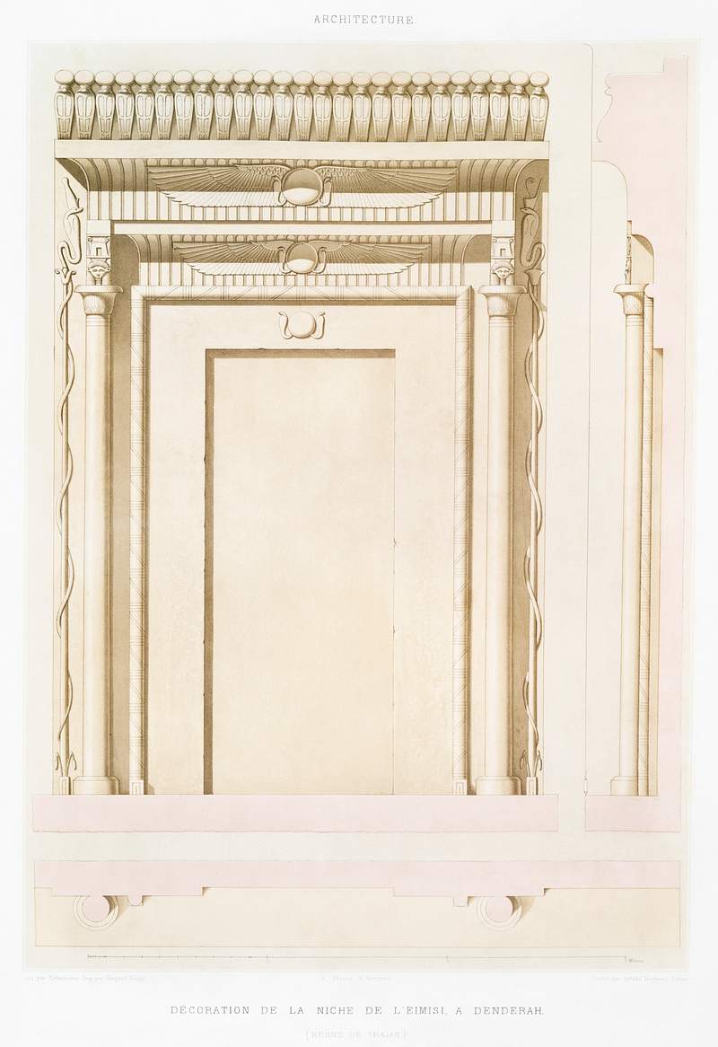 Decoration of Niche de l'eimisi from Histoire de l'art égyptien (1878) by Émile Prisse d'Avennes. Original from…