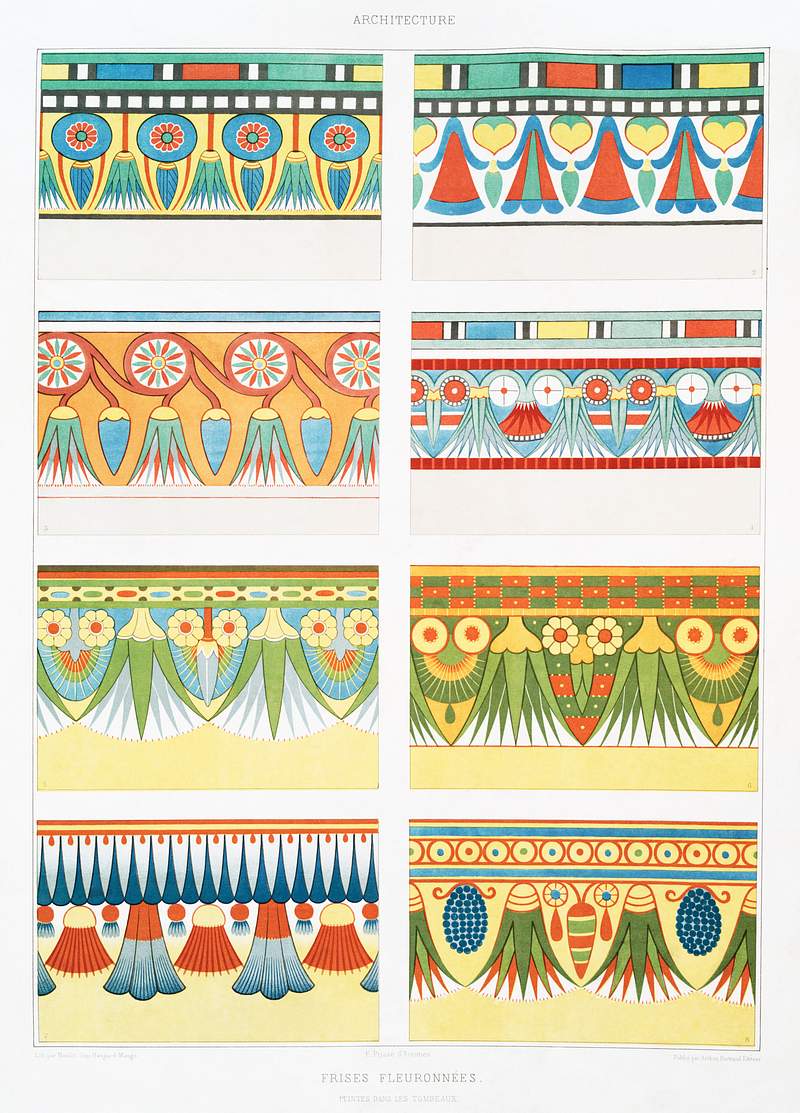 Flowery friezes, painted in the tombs from Histoire de l'art égyptien (1878) by Émile Prisse d'Avennes.…