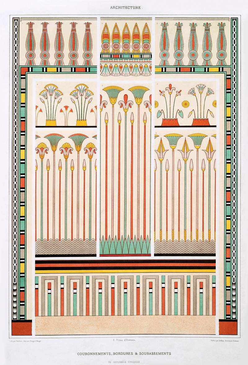 Crowns, borders & bases from Histoire de l'art égyptien (1878) by Émile Prisse d'Avennes. Original from The New…