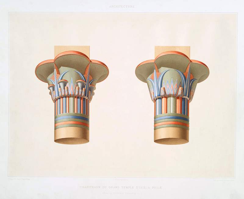 Capitals of the Temple of Isis in Philae from Histoire de l'art égyptien (1878) by Émile Prisse d'Avennes.…