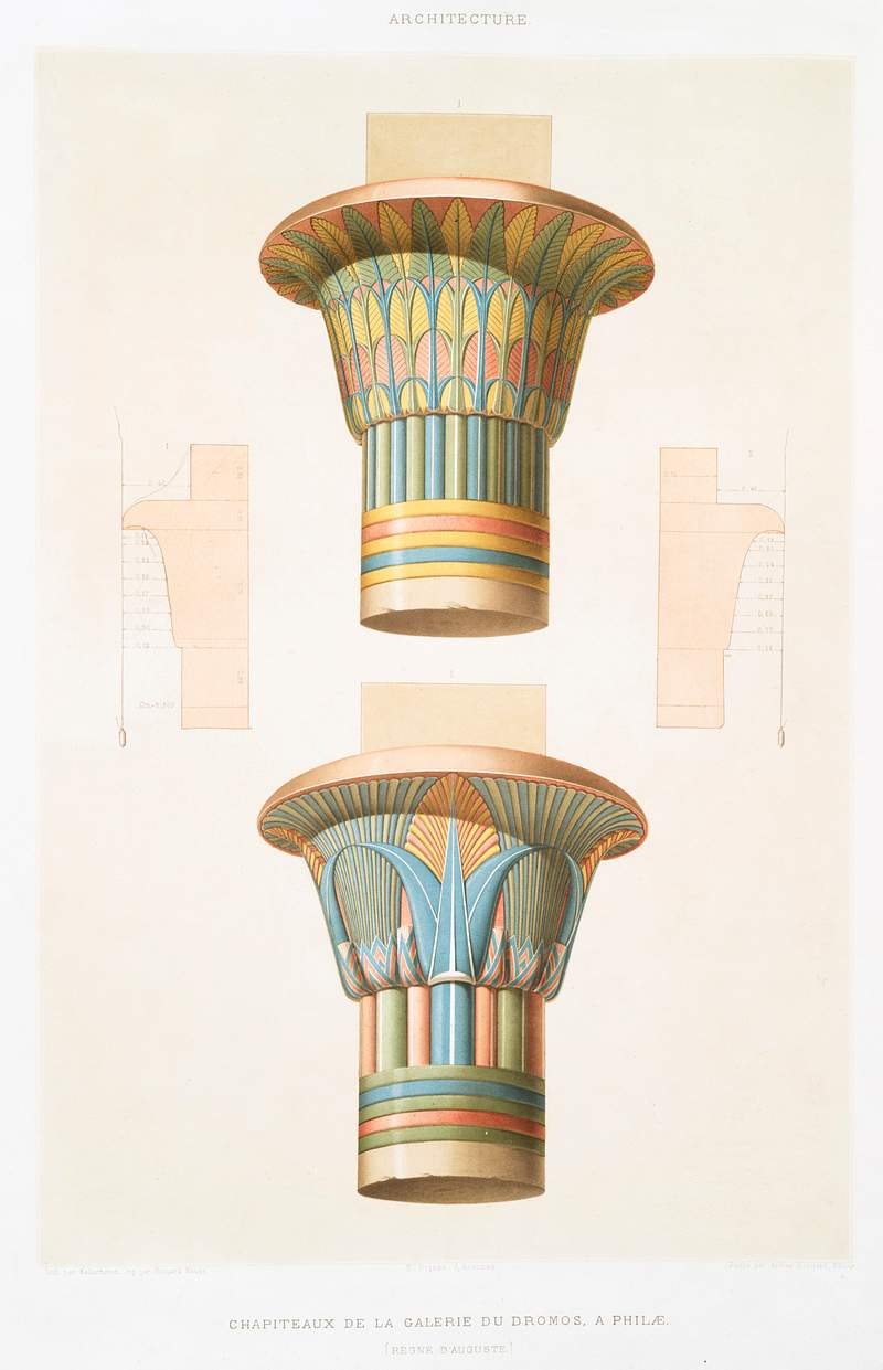 Capitals of the Dromos Gallery, in Philae from Histoire de l'art égyptien (1878) by Émile Prisse d'Avennes.…