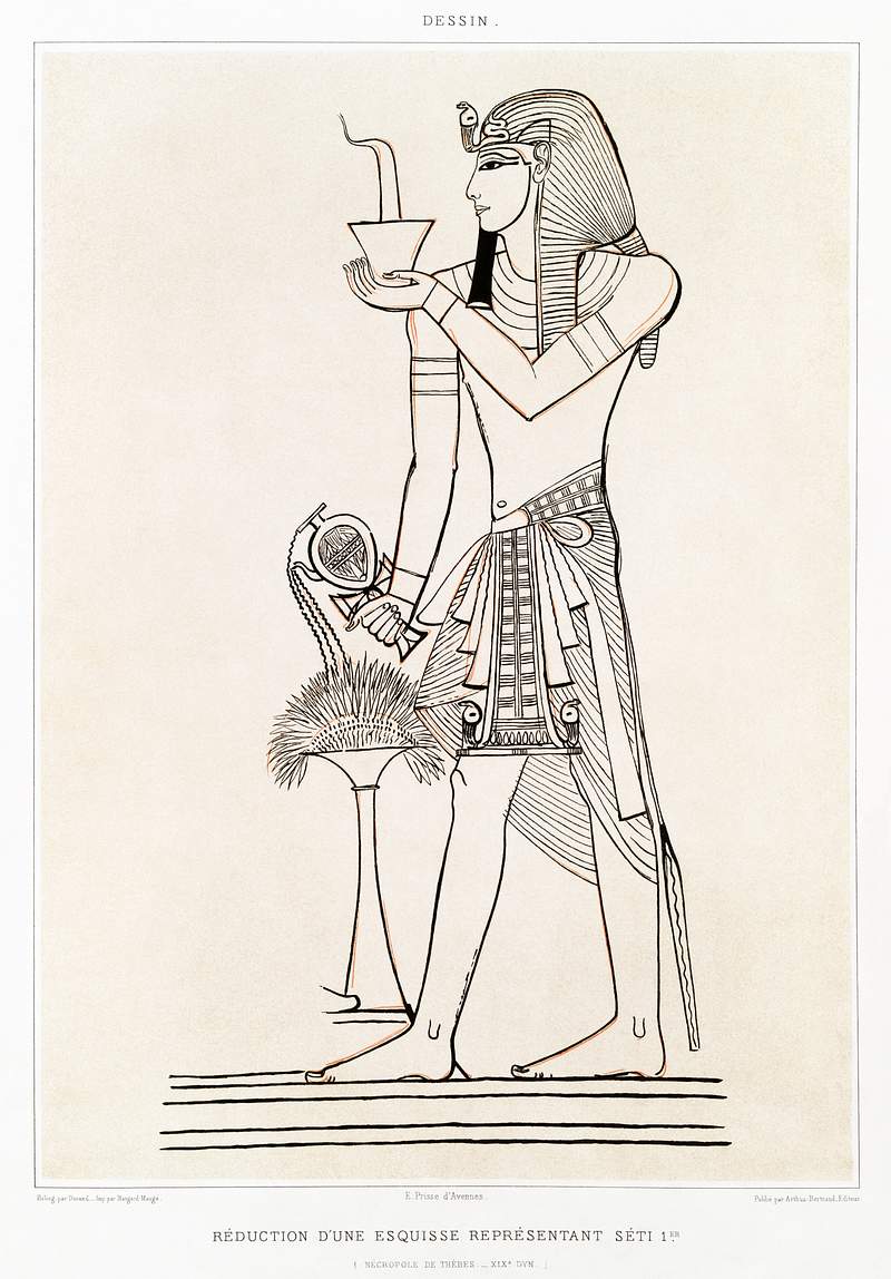Reduction of a sketch representing Séti 1st (Theban Necropolis) from Histoire de l'art égyptien (1878) by…