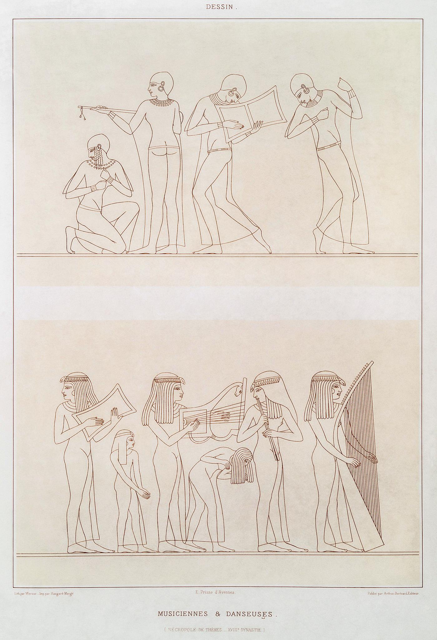 Musicians & dancers (Theban Necropolis) from Histoire de l'art égyptien (1878) by Émile Prisse d'... Musicians & dancers (Theban Necropolis) from Histoire de l'art égyptien (1878) by Émile Prisse d'...