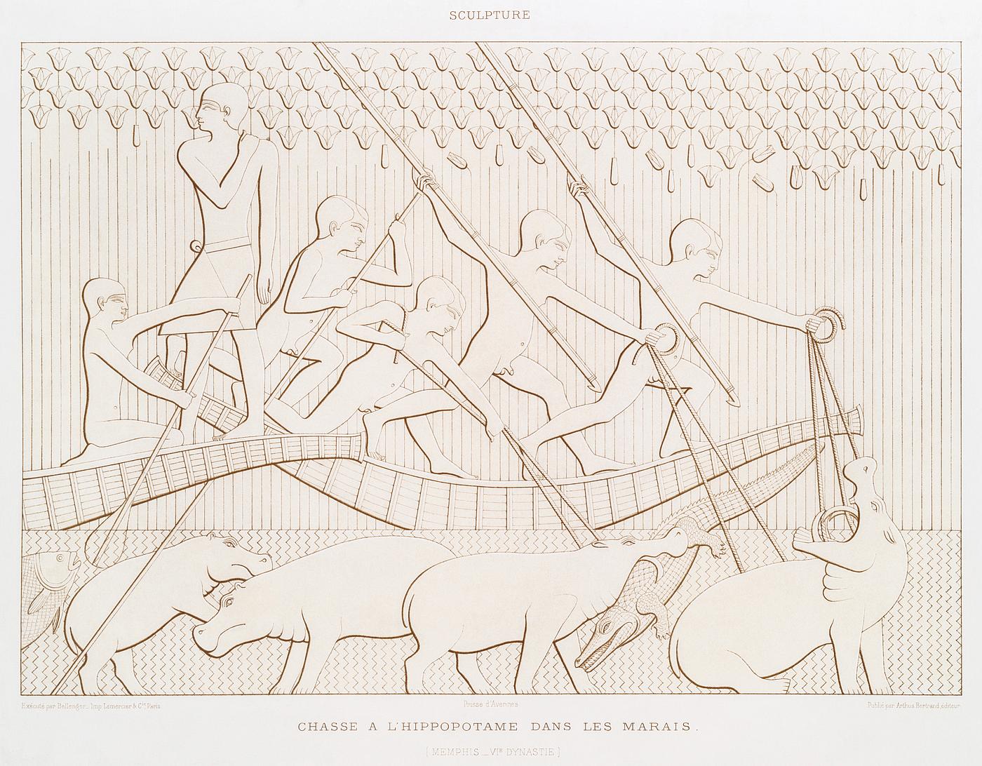 Hippopotamus hunt in the marshes from Histoire de l'art égyptien (1878) by Émile Prisse d'Avennes.... Hippopotamus hunt in the marshes from Histoire de l'art égyptien (1878) by Émile Prisse d'Avennes....