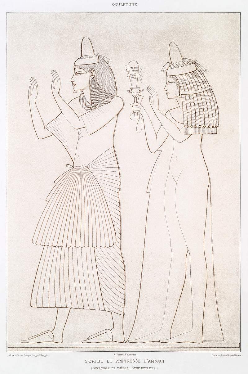 Scribe and priestess of Amon from Histoire de l'art égyptien (1878) by Émile Prisse d'Avennes. Original from…