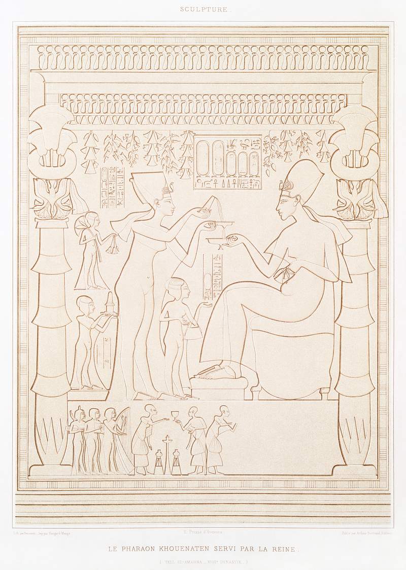 Pharaoh Akhenaten served by the queen from Histoire de l'art égyptien (1878) by Émile Prisse d'Avennes.…