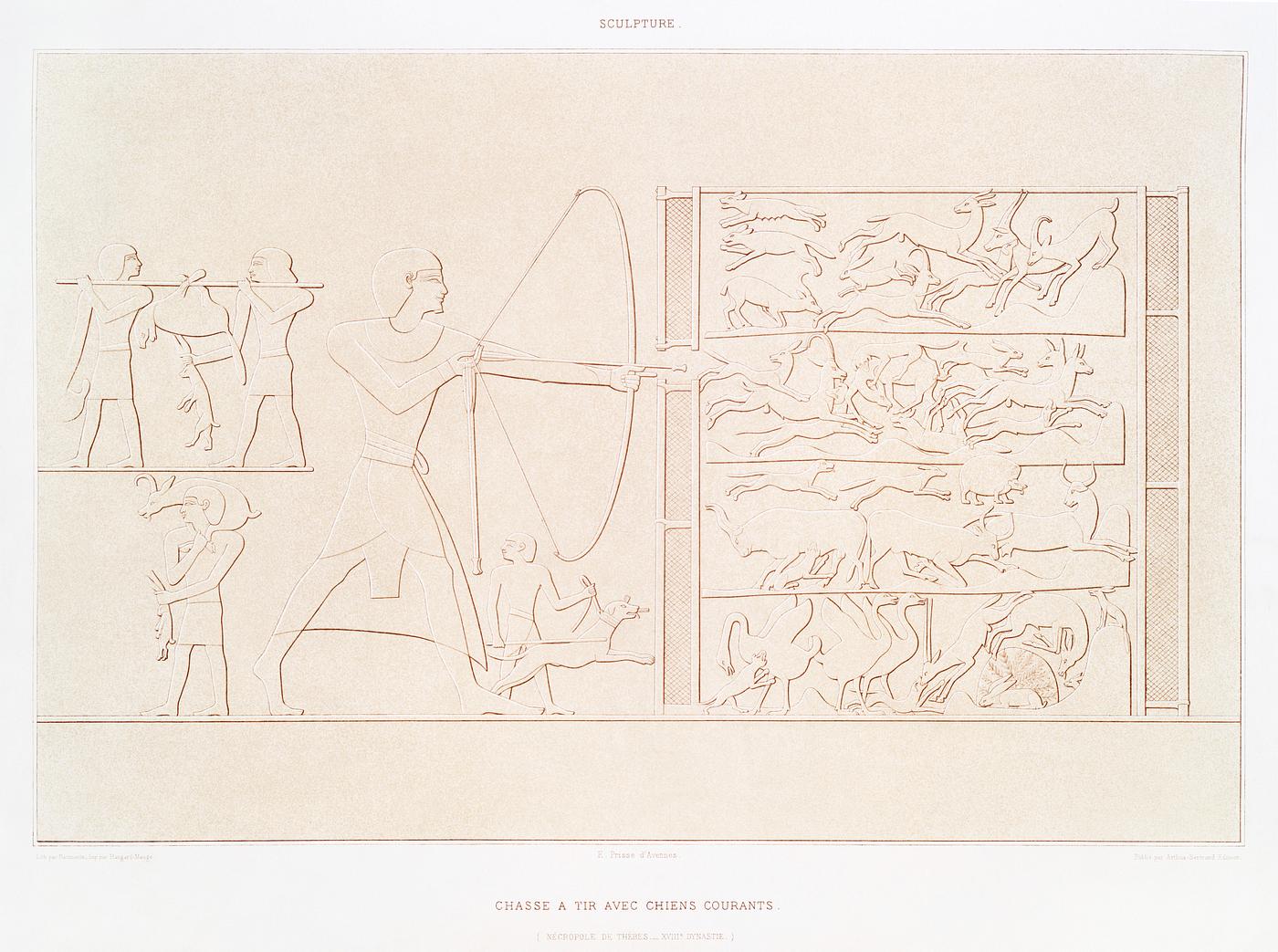 Archery hunting with hounds from Histoire de l'art égyptien (1878) by Émile Prisse d'Avennes. Original... Archery hunting with hounds from Histoire de l'art égyptien (1878) by Émile Prisse d'Avennes. Original...
