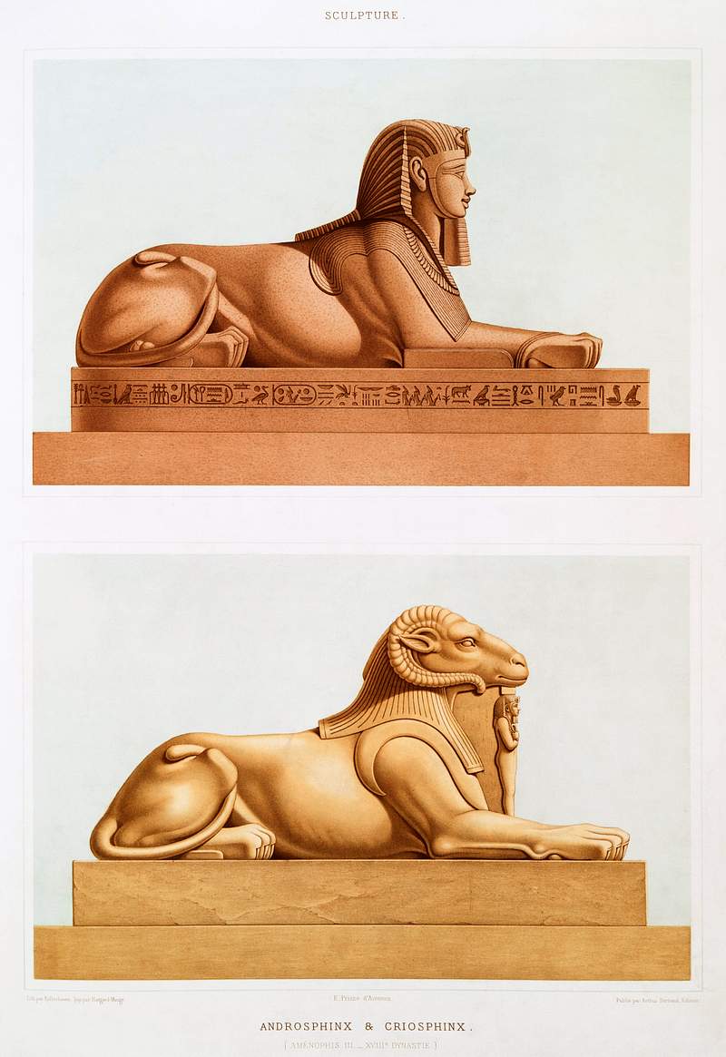 Androsphinx and Criosphinx from Histoire de l'art égyptien (1878) by Émile Prisse d'Avennes. Original from The…