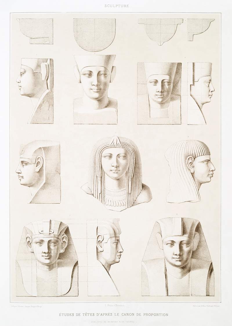 Studies of heads according to Canon of Proportion from Histoire de l'art égyptien (1878) by Émile Prisse…