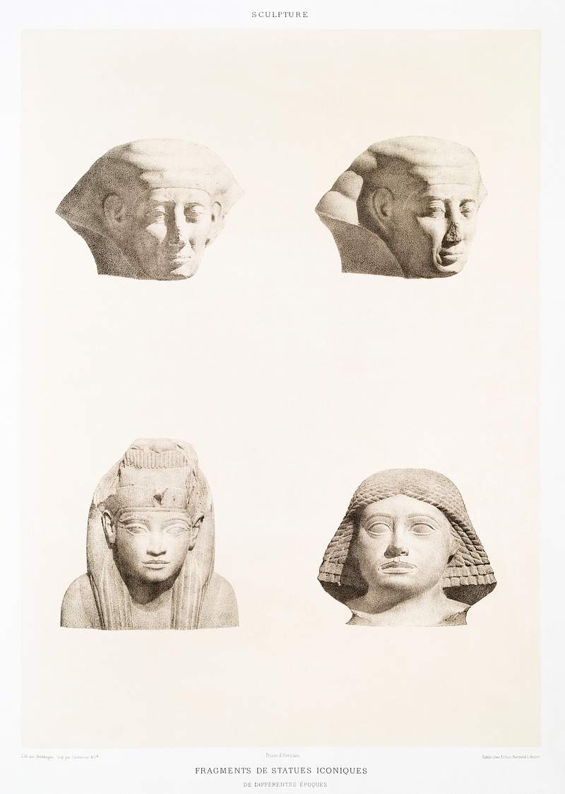 Fragments of Iconic statues from Histoire de l'art égyptien (1878) by Émile Prisse d'Avennes. Original from The…