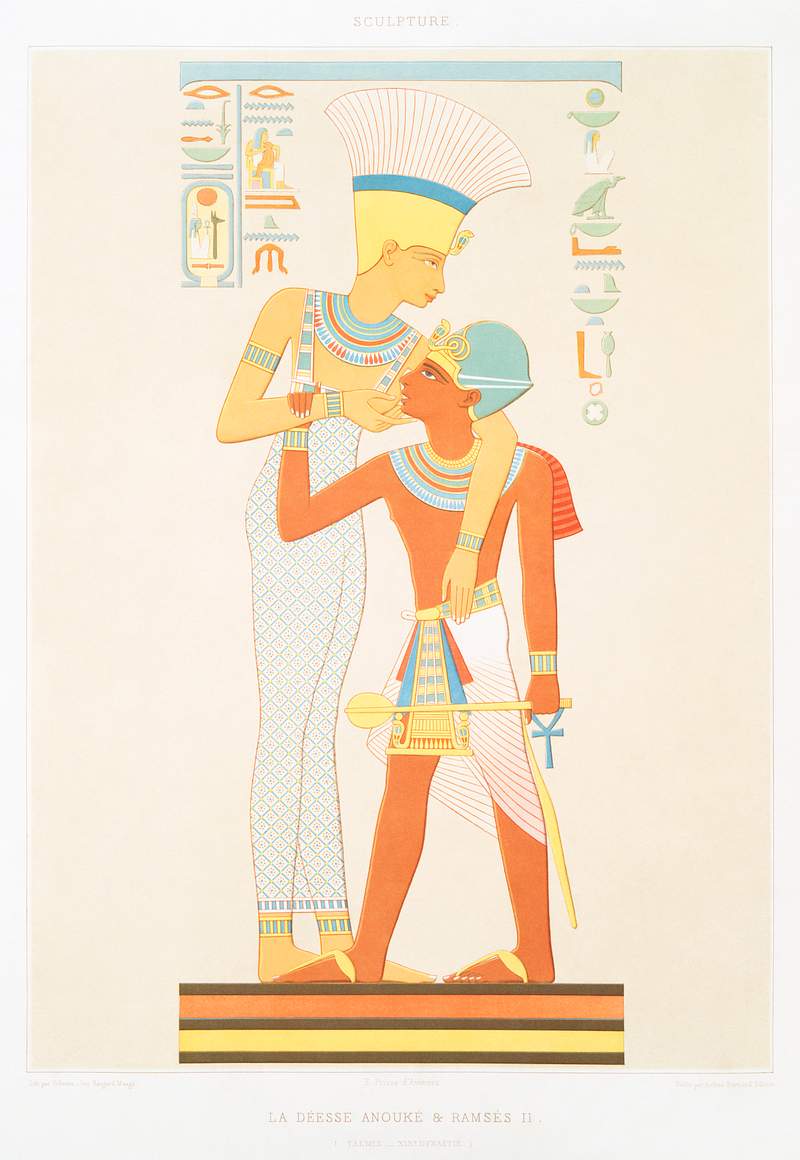 Goddess Anouke & Ramses II from Histoire de l'art égyptien (1878) by Émile Prisse d'Avennes. Original from The…