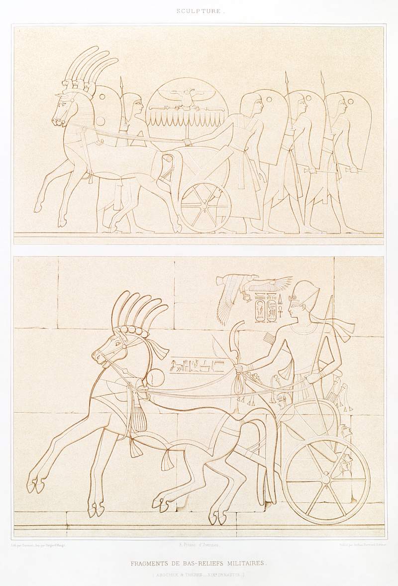 Fragments of military bas-reliefs from Histoire de l'art égyptien (1878) by Émile Prisse d'Avennes. Original…