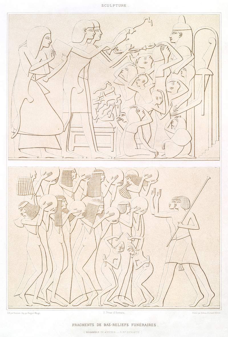 Fragments of funerary bas-reliefs from Histoire de l'art égyptien (1878) by Émile Prisse d'Avennes. Original…