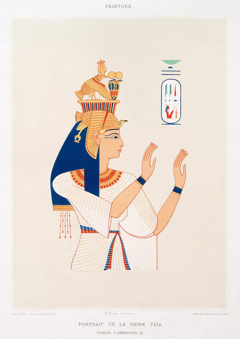 Portrait of Queen Tiye, wife of Amenhotep III from Histoire de l'art égyptien (1878) by Émile Prisse d'Avennes.…