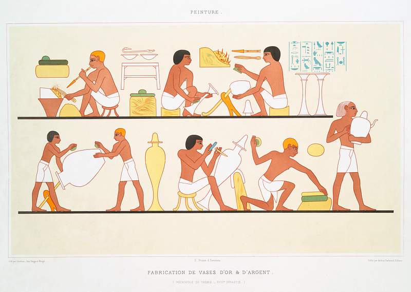 Manufacture of gold and silver vases from Histoire de l'art égyptien (1878) by Émile Prisse d'Avennes. Original…