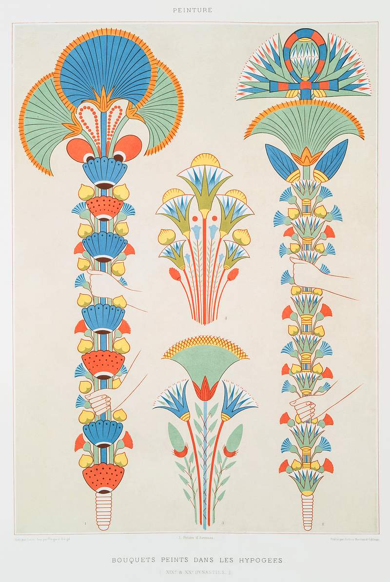 Painted bouquets in hypogea from Histoire de l'art égyptien (1878) by Émile Prisse d'Avennes. Original from The…