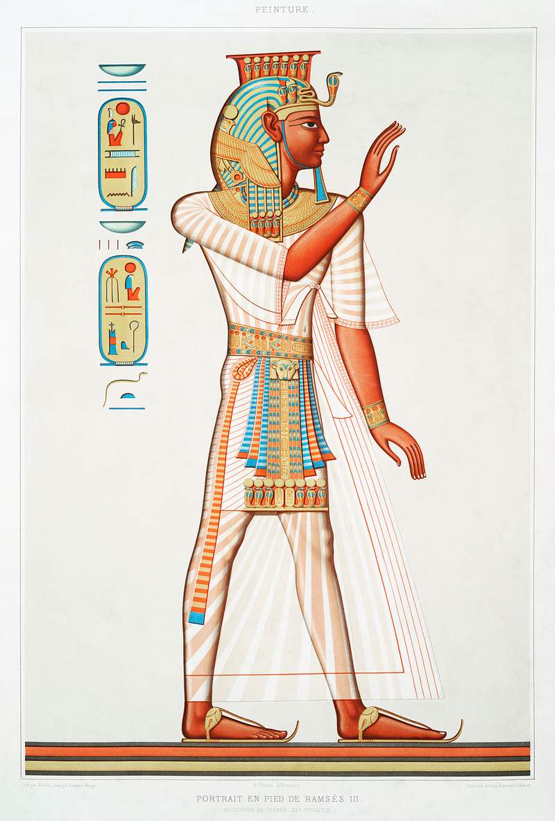 Full portrait of Ramses III from Histoire de l'art égyptien (1878) by Émile Prisse d'Avennes. Original from The…