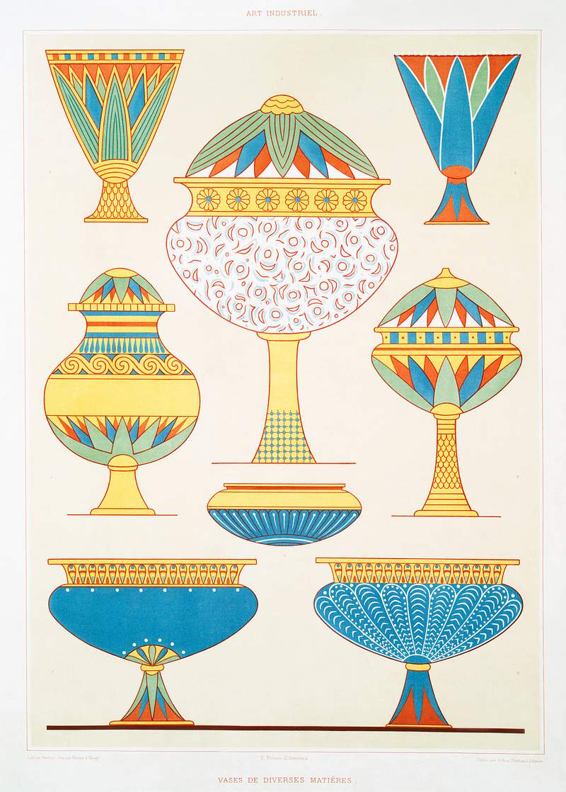 Vases of various materials from Histoire de l'art égyptien (1878) by Émile Prisse d'Avennes. Original from The…