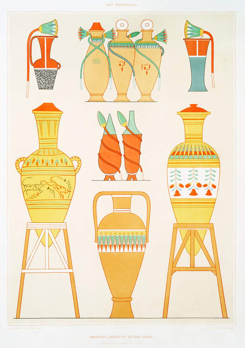 Variety of Egyptian urns from Histoire de l'art égyptien (1878) by Émile Prisse d'Avennes. Original from The…
