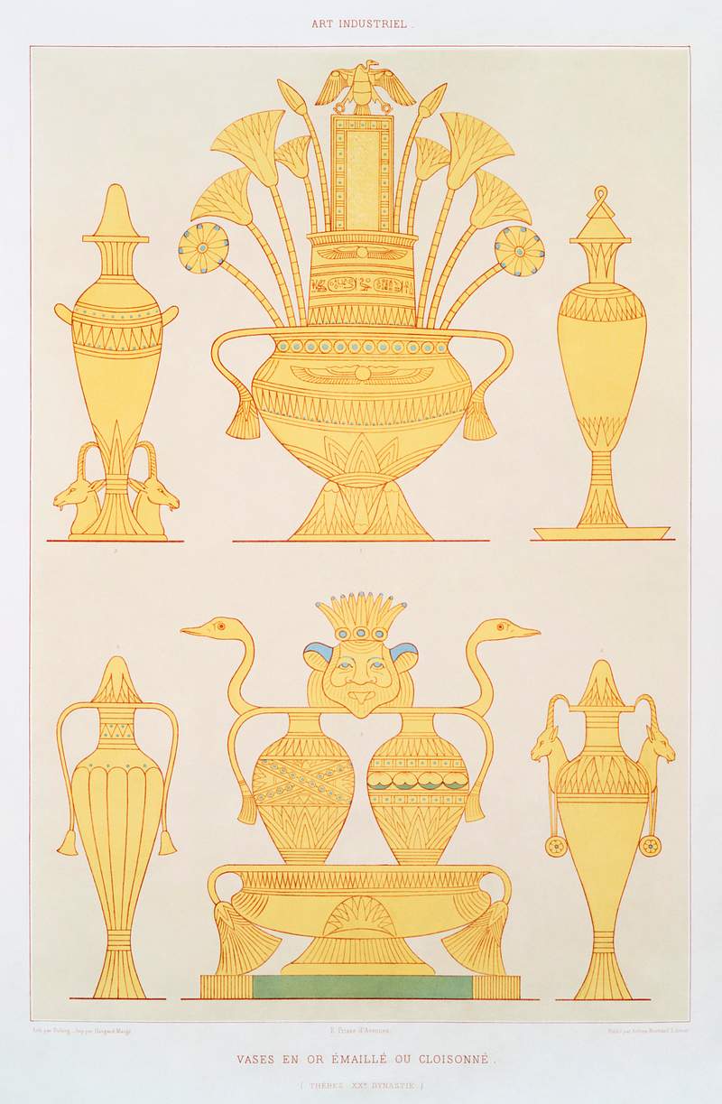 Enamelled or cloisonné gold vases from Histoire de l'art égyptien (1878) by Émile Prisse d'Avennes.…